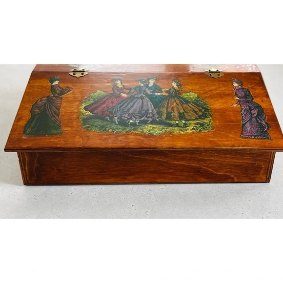 Vintage Wooden Hinged Lidded Box with Victorian Women Dancing Decoupage - Picture 5 of 12
